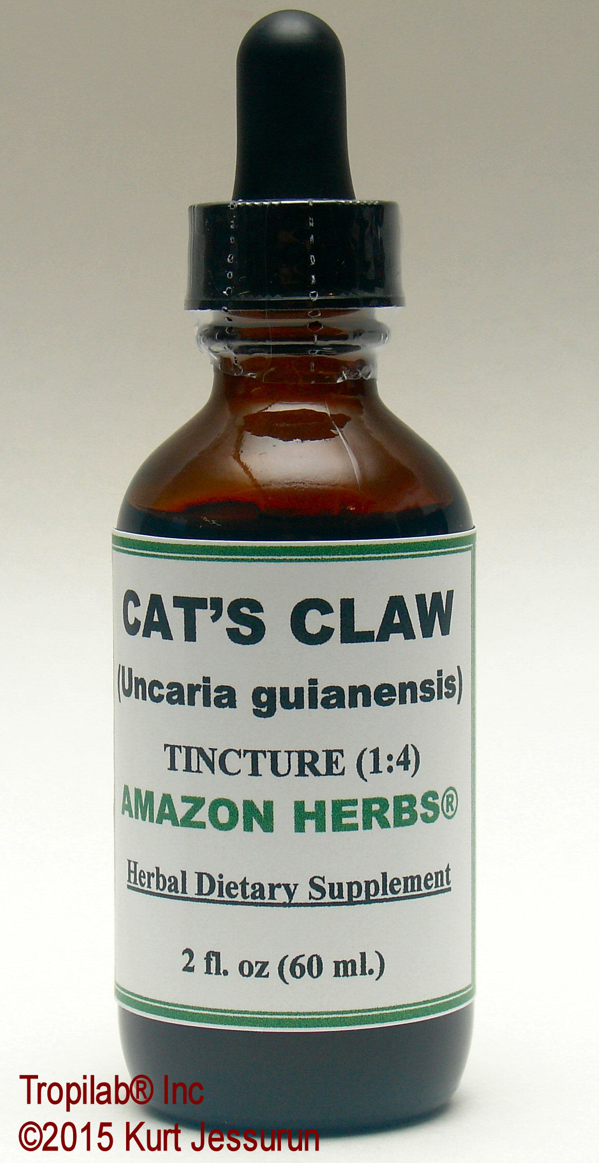 Uncaria guianensis, Cat's claw tincture - Tropilab. Cat's claw tincture and tea; inner-bark from the woody stem and root, 
natural remedy for boosting the immune system. Also may help to lower blood pressure.