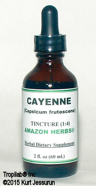 Cayenne pepper, Capsicum fruticosum tincture only for US$28.00 per 2 fl oz. It is helpful for conditions of the gastrointestinal 
tract, such as stomach aches, cramping pains, and gas. Also frequently used to treat diseases of the circulatory system. Used 
against psoriasis. Also effective against post-herpetic neuralgia caused by shingles, herpes zoster.