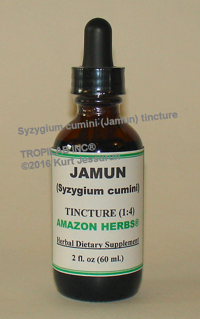 Syzygium cumini (Jamun) tincture - Tropilab. It has applications as a carminative, against diarrhea, 
stomachache, astringent, diuretic and anti diabetic. Also used against enlargement of the spleen and in the treatment of lung problems